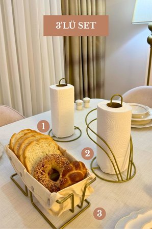 3’lü Set Mat Gold Dikdörtgen Ekmek Sepeti Dik Kağıt Havluluk Kuğu Peçetelik Mutfak Seti