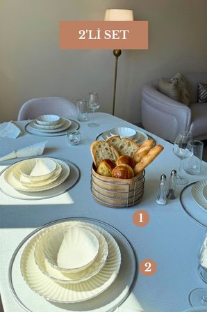 2’li Set Mat Gümüş 6'lı Supla Yuvarlak Ekmek Sepeti Mutfak Seti