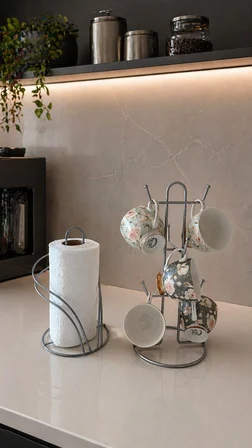 2’li Set Mat Gümüş 6 Bölmeli Dik Bardak Askılık Kuğu Peçetelik Mutfak Seti