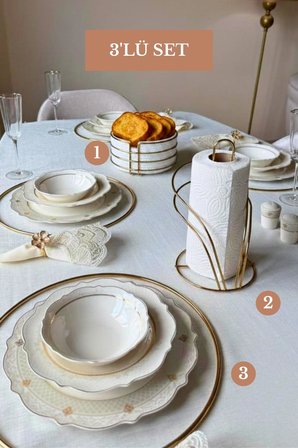 3’lü Set Parlak Altın 6'lı Supla Kuğu Peçetelik Yuvarlak Ekmek Sepeti Mutfak Seti