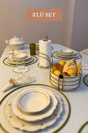 3’lü Set Mat Gold 6'lı Supla Kuğu Peçetelik Yuvarlak Ekmek Sepeti Mutfak Seti