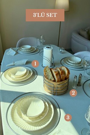 3’lü Set Mat Gümüş 6'lı Supla Kuğu Peçetelik Yuvarlak Ekmek Sepeti Mutfak Seti