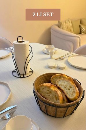 2’li Set Siyah Kuğu Peçetelik Oval Köşeli Ekmek Sepeti Bej Mutfak Seti