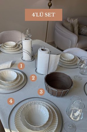 4’lü Set Mat Gümüş 6'lı Supla Kuğu Peçetelik Dik Kağıt Havluluk Ayraçlı Oval Köşeli Ekmek Sepeti Bej Mutfak Seti