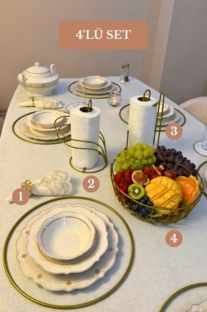 4’lü Set Mat Gold 6'lı Supla Kuğu Peçetelik Dik Kağıt Havluluk Ayraçlı Oval Köşeli Meyve Sepeti Mutfak Seti