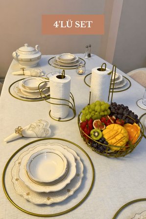 4’lü Set Mat Gold 6'lı Supla Kuğu Peçetelik Dik Kağıt Havluluk Ayraçlı Oval Köşeli Meyve Sepeti Mutfak Seti
