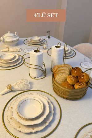 4’lü Set Mat Gold 6'lı Supla Kuğu Peçetelik Dik Kağıt Havluluk Ayraçlı Yuvarlak Ekmek Sepeti Mutfak Seti