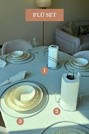 3’lü Set Mat Gümüş 6'lı Supla Kuğu Peçetelik Dik Kağıt Havluluk Misketli Mutfak Seti