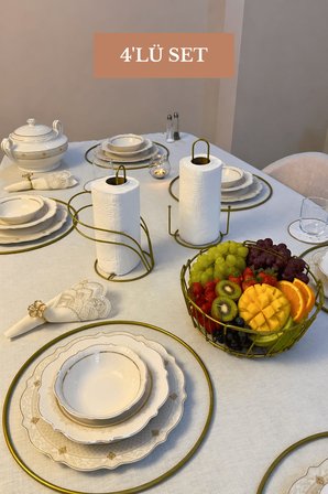 4’lü Set Mat Gold 6'lı Supla Kuğu Peçetelik Dik Kağıt Havluluk Misketli Oval Köşeli Meyve Sepeti Mutfak Seti
