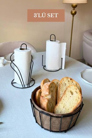 3’lü Set Siyah Kuğu Peçetelik Dik Kağıt Havluluk Misketli Oval Köşeli Ekmek Sepeti Bej Mutfak Seti
