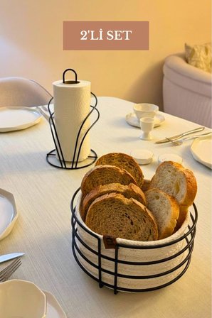 2’li Set Siyah Kuğu Peçetelik Yuvarlak Ekmek Sepeti Mutfak Seti