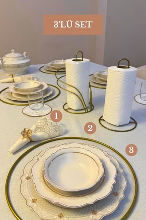 3’lü Set Mat Gold 6'lı Supla Kuğu Peçetelik Dik Kağıt Havluluk Mutfak Seti