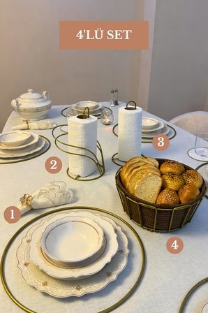 4’lü Set Mat Gold 6'lı SuplaKuğu Peçetelik Dik Kağıt Havluluk Oval Köşeli Ekmek Sepeti Bej Mutfak Seti