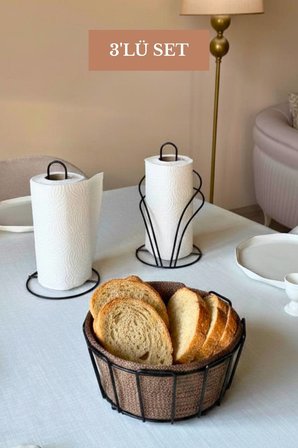 3’lü Set Siyah Kuğu Peçetelik Dik Kağıt Havluluk Oval Köşeli Ekmek Sepeti Bej Mutfak Seti