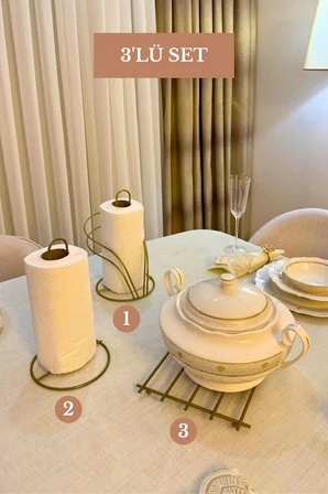 3’lü Set Mat Gold Kuğu Peçetelik Dik Kağıt Havluluk Nihale Mutfak Seti