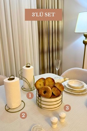 3’lü Set Mat Gold Kuğu Peçetelik Dik Kağıt Havluluk Yuvarlak Ekmek Sepeti Mutfak Seti