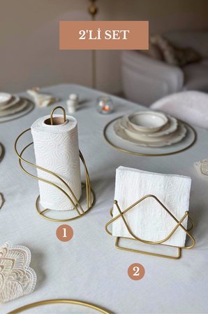 2’li Set Mat Gold Kuğu Peçetelik Üçgen Peçetelik Mutfak Seti