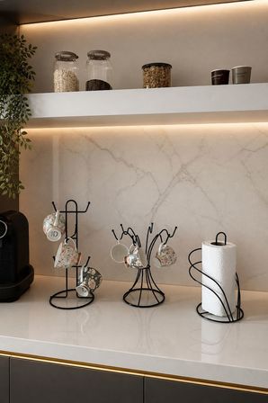 3’lü Set Siyah 6 Kancalı Yuvarlak Bardak Askılık 6 Bölmeli Dik Bardak Askılık Kuğu Peçetelik Mutfak Seti