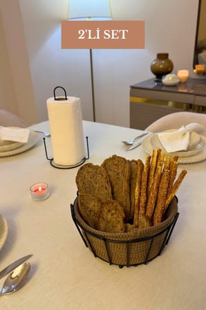 2’li Set Siyah Dik Kağıt Havluluk Misketli Oval Köşeli Ekmek Sepeti Bej Mutfak Seti