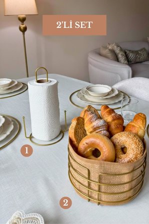 2’li Set Mat Gold Dik Kağıt Havluluk Misketli Yuvarlak Ekmek Sepeti Mutfak Seti