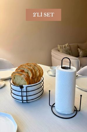 2’li Set Siyah Dik Kağıt Havluluk Misketli Yuvarlak Ekmek Sepeti Mutfak Seti