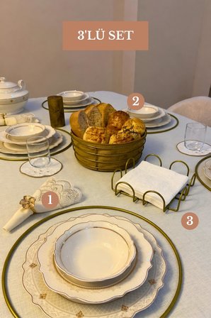 3’lü Set Mat Gold 6'lı Supla Kare Peçetelik Yuvarlak Ekmek Sepeti Mutfak Seti