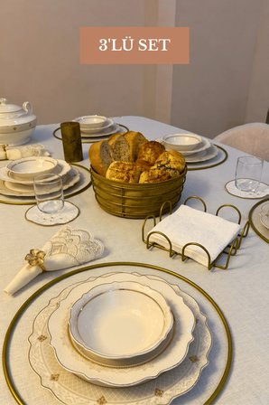 3’lü Set Mat Gold 6'lı Supla Kare Peçetelik Yuvarlak Ekmek Sepeti Mutfak Seti