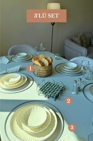 3’lü Set Mat Gümüş 6'lı Supla Kare Peçetelik Yuvarlak Ekmek Sepeti Mutfak Seti