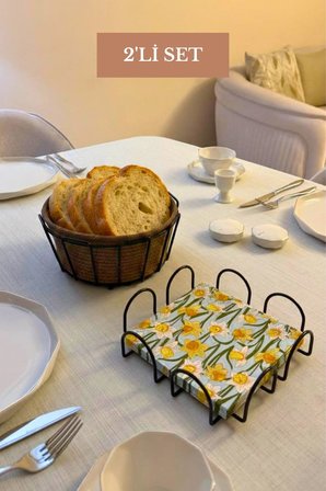 2’li Set Siyah Kare Peçetelik Oval Köşeli Ekmek Sepeti Bej Mutfak Seti
