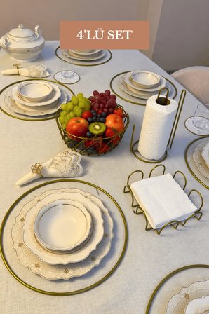 4’lü Set Mat Gold 6'lı Supla Kare Peçetelik Dik Kağıt Havluluk Ayraçlı Oval Köşeli Meyve Sepeti Mutfak Seti