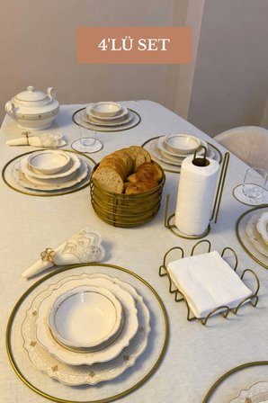 4’lü Set Mat Gold 6'lı Supla Kare Peçetelik Dik Kağıt Havluluk Ayraçlı Yuvarlak Ekmek Sepeti Mutfak Seti