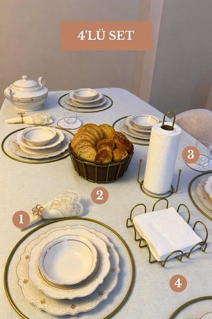 4’lü Set Mat Gold 6'lı Supla Kare Peçetelik Dik Kağıt Havluluk Misketli Oval Köşeli Ekmek Sepeti Bej Mutfak Seti