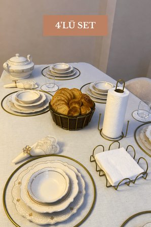 4’lü Set Mat Gold 6'lı Supla Kare Peçetelik Dik Kağıt Havluluk Misketli Oval Köşeli Ekmek Sepeti Bej Mutfak Seti