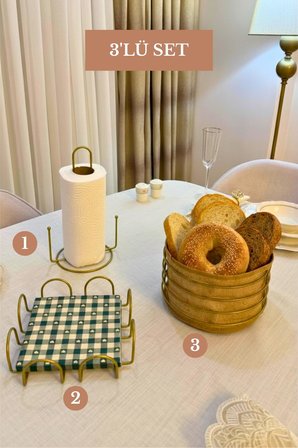 3’lü Set Mat Gold Kare Peçetelik Dik Kağıt Havluluk Misketli Yuvarlak Ekmek Sepeti Mutfak Seti