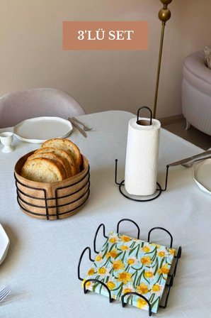 3’lü Set Siyah Kare Peçetelik Dik Kağıt Havluluk Misketli Yuvarlak Ekmek Sepeti Mutfak Seti