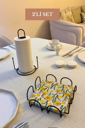 2’li Set Siyah Kare Peçetelik Dik Kağıt Havluluk Misketli Mutfak Seti