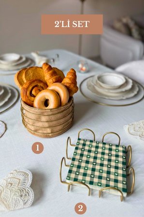 2’li Set Mat Gold Kare Peçetelik Yuvarlak Ekmek Sepeti Mutfak Seti
