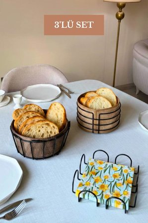 3’lü Set Siyah Kare Peçetelik Yuvarlak Ekmek Sepeti Oval Köşeli Ekmek Sepeti Bej Mutfak Seti