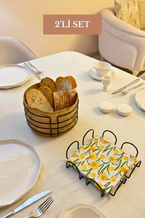 2’li Set Siyah Kare Peçetelik Yuvarlak Ekmek Sepeti Mutfak Seti