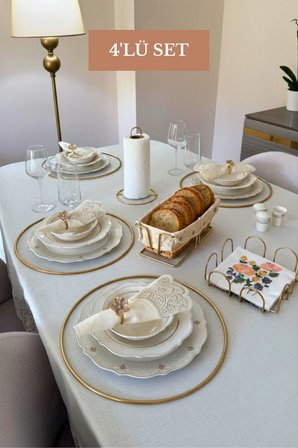 4’lü Set Parlak Altın 6'lı Supla Kare Peçetelik Dik Kağıt Havluluk Dikdörtgen Ekmek Sepeti Mutfak Seti