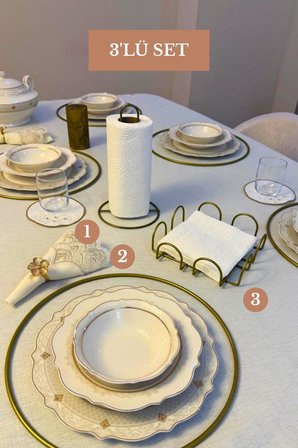 3’lü Set Mat Gold Kare 6'lı Supla Peçetelik Dik Kağıt Havluluk Mutfak Seti