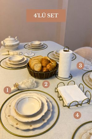 4’lü Set Mat Gold 6'lı Supla Kare Peçetelik Dik Kağıt Havluluk Oval Köşeli Ekmek Sepeti Bej Mutfak Seti