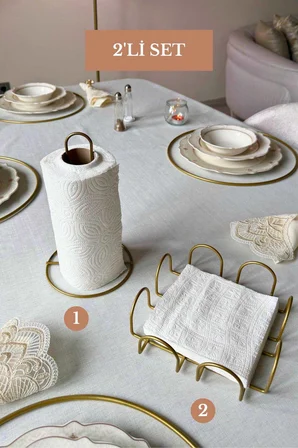 2’li Set Mat Gold Kare Peçetelik Dik Kağıt Havluluk Mutfak Seti