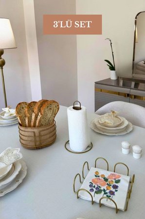 3’lü Set Mat Gold Kare Peçetelik Dik Kağıt Havluluk Yuvarlak Ekmek Sepeti Mutfak Seti