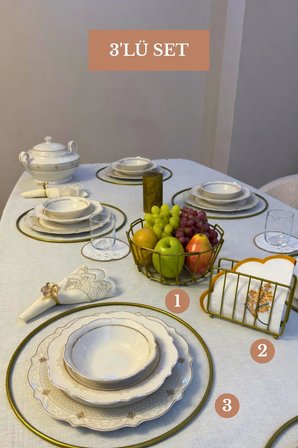 3’lü Set Mat Gold 6'lı Supla Kafes Peçetelik Oval Köşeli Meyve Sepeti Mutfak Seti