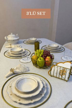3’lü Set Mat Gold 6'lı Supla Kafes Peçetelik Oval Köşeli Meyve Sepeti Mutfak Seti