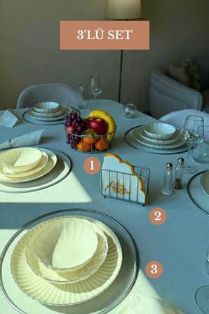 3’lü Set Mat Gümüş 6'lı Supla Kafes Peçetelik Oval Köşeli Meyve Sepeti Mutfak Seti