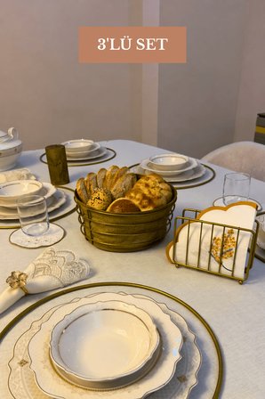 3’lü Set Mat Gold 6'lı Supla Kafes Peçetelik Yuvarlak Ekmek Sepeti Mutfak Seti