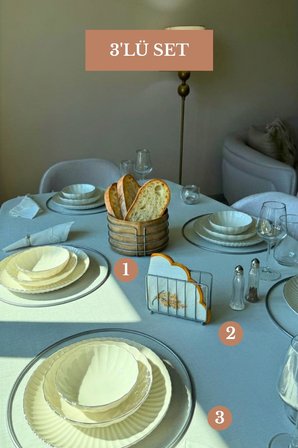 3’lü Set Mat Gümüş 6'lı Supla Kafes Peçetelik Yuvarlak Ekmek Sepeti Mutfak Seti