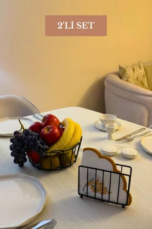 2’li Set Siyah Kafes Peçetelik Oval Köşeli Meyve Sepeti Mutfak Seti